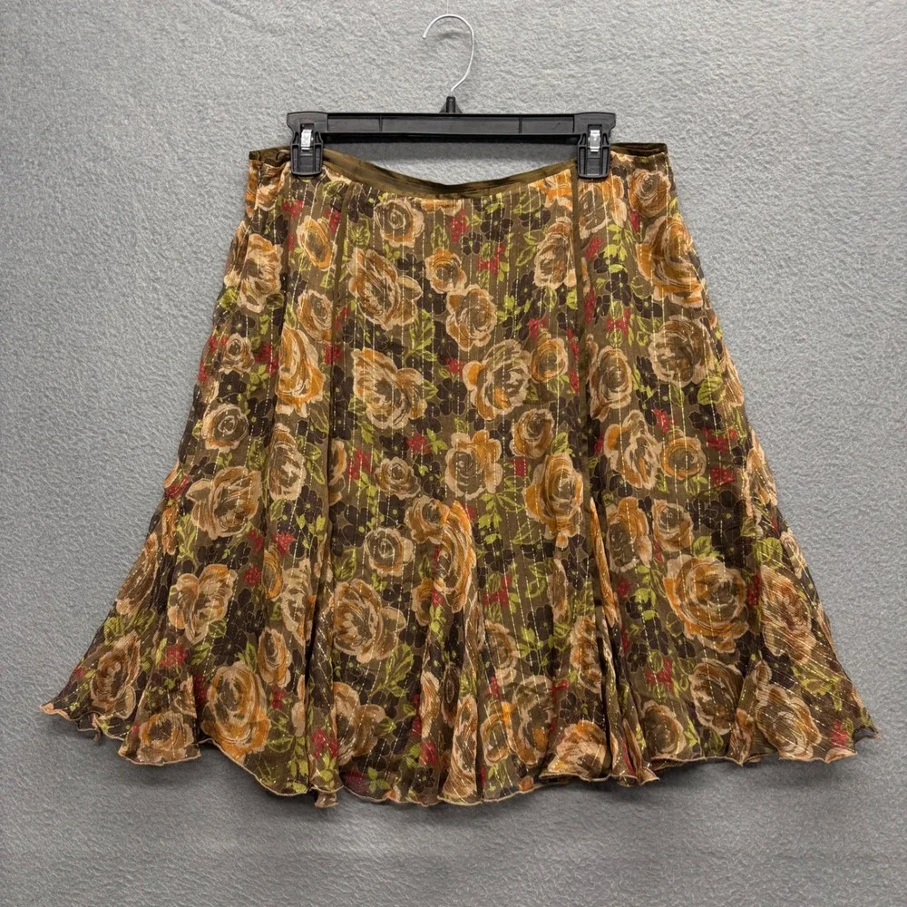 Context Silk Blend Floral Metallic Stripe Flared Skirt Brown Fairycore Boho 12P - Picture 8 of 9